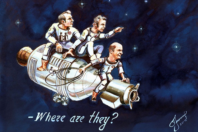 Рисунок Алексея Леонова «Американские астронавты Ванс Бранд, Дональд Слейтон и Томас Стаффорд ищут советский космический корабль «Союз» с Алексеем Леоновым и Валерием Кубасовым», 1975 год