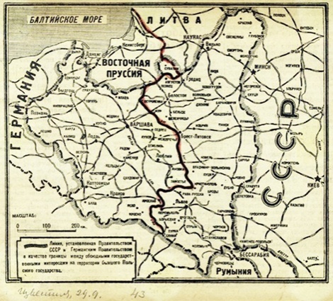 Карта из секретного протокола, на которой жирной линией указано вероятное разделение сфер интересов СССР и Германии в Восточной Европе